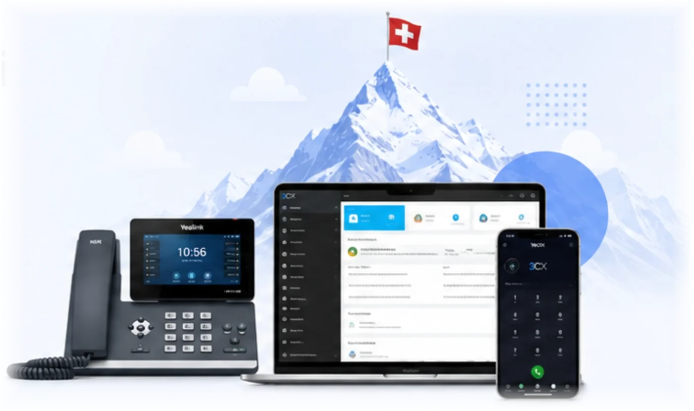 3CX-Telefonanlage auf Yealink-Tischtelefon, Laptop und Smartphone vor Schweizer Bergkulisse