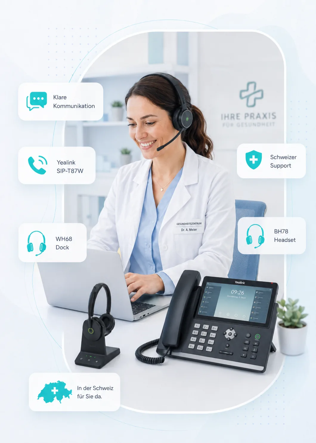 Arztpraxis-Mitarbeiterin mit Headset und Yealink-Tischtelefon — VoIP- und Cloud-Telefonie von avenios